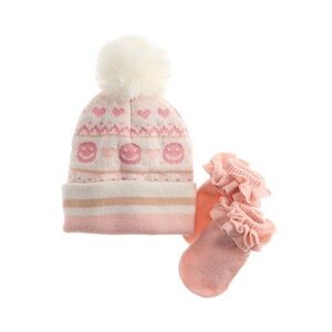 Addie & Tate Pink and Cream Kids Hat and Mittens Set NWT